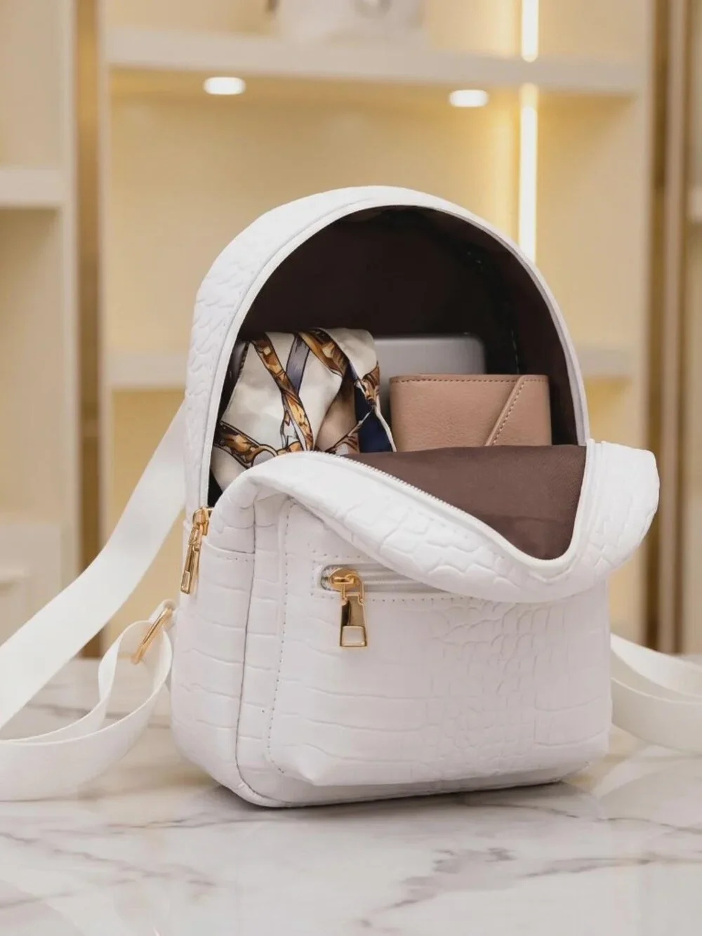 White Croco Embossed Mini Backpack Faux Leather Sling Bag